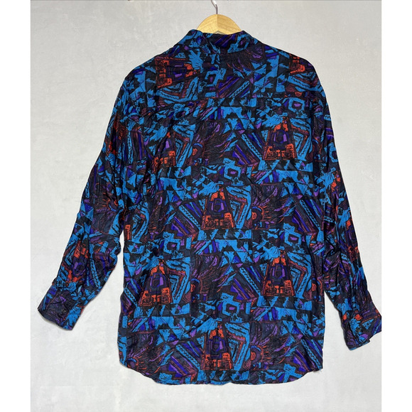 Vintage In Private Mens Long Sleeve Shirt M Silk Blue Abstract Button Up 80s 90s - Picture 2 of 14